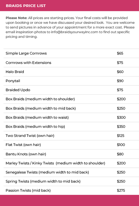 Braid Styles Price List