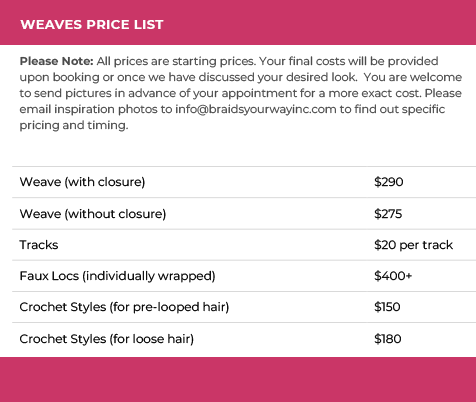 Weaves Price List